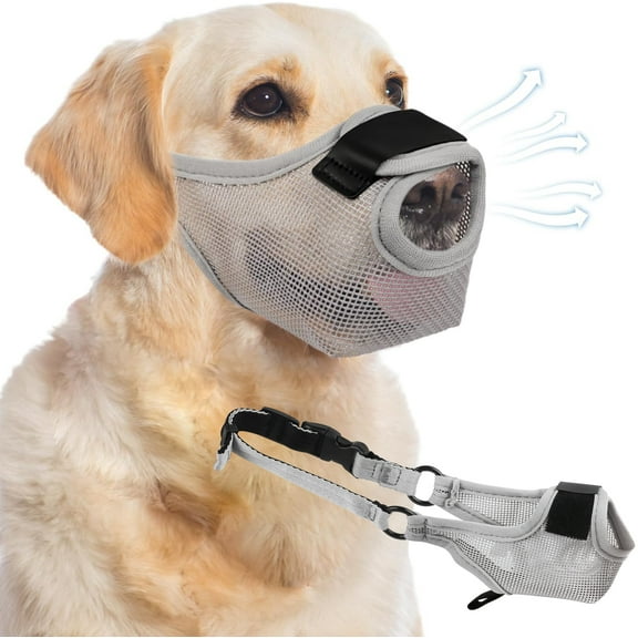 Dog Muzzle, Small Soft No Barking Dog Muzzle for Puppy Dogs,Adjustable Mesh Muzzle Grooming Vet Visits, Prevent Biting Chewing Fighting,Gray L