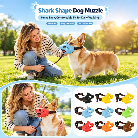 Dog Muzzle Soft Silicone Shark Shape Anti Bite Adjustable Breathable Muzzle for Small Medium Dogs Walking Training and Grooming
