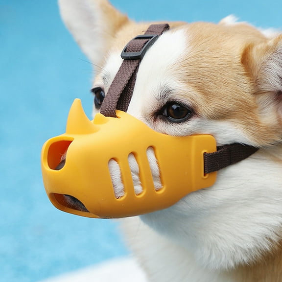 Dog Muzzle for Small & Medium Dogs, Breathable Silicone Anti-Bite Anti-Bark Mask, Adjustable Strap, Open Bottom Design for Drinking, Blue/Gray/Yellow