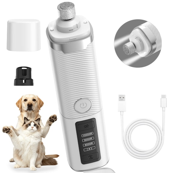 Dog Nail Grinder, Pet Nail Trimmer for Dogs & Cats, 2 LED Lights, 3 Speeds Quiet Low Noise Safe Pet Nail Clippers, Electric Nail Polisher with LCD Display, Grooming Tool for All Breeds, White