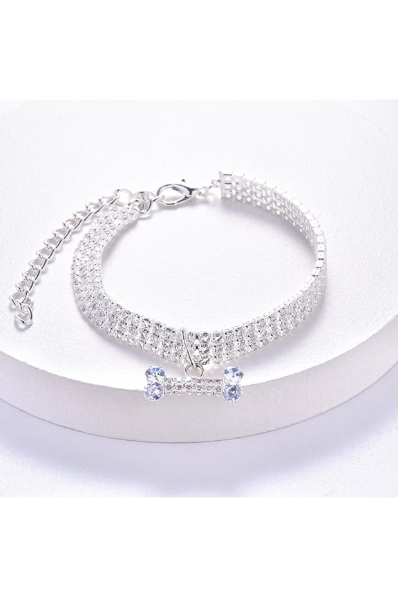 Dog Necklace Adjustable Collar Zircon Rhinestone Diomand Pendant Jewelry Luxury Metal Copper Dog Collars Dog Accessory(L,Silver)