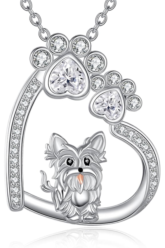 Dog Necklace Sterling Silver Puppy Paw Print Heart Necklace Yorkie Animal Jewelry for Women Mom