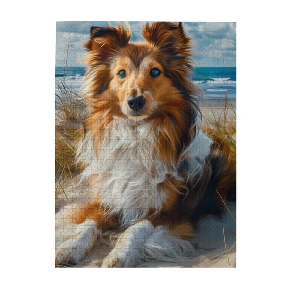 Dog On Beach Sand Ocean View 500-Piece Wooden Jigsaw Puzzle for Adults, Fun & Challenging Family Brain-Teaser, Perfect Home Decor & Gift