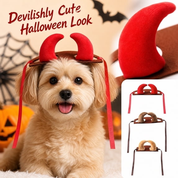Dog Outfit Collection, Pet Supplies for Dogs Red Plush Bull Devil Horn Headband, Bull Horn Red Brown Pet Halloween Headwear, Dog Cow Themed Halloween Pet Head Accessory, Easy to