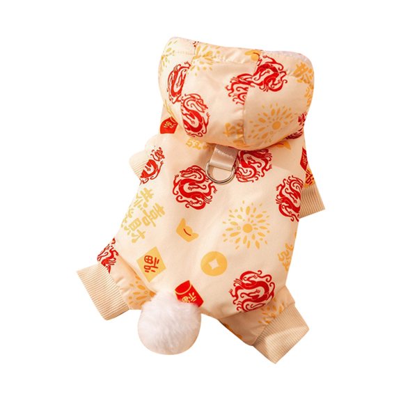 Dog Outfit Pet Snowsuit Beige Dragon Dog Apparel Gold Ingot Coin Pattern Faux Fur Pom-Pom D-Ring Pet Clothing(Yellow-M)