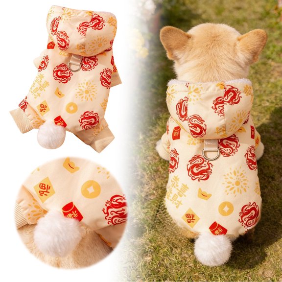 Dog Outfit Pet Snowsuit Beige Dragon Dog Apparel Gold Ingot Coin Pattern Faux Fur Pom-Pom D-Ring Pet Clothing(Yellow-XL)