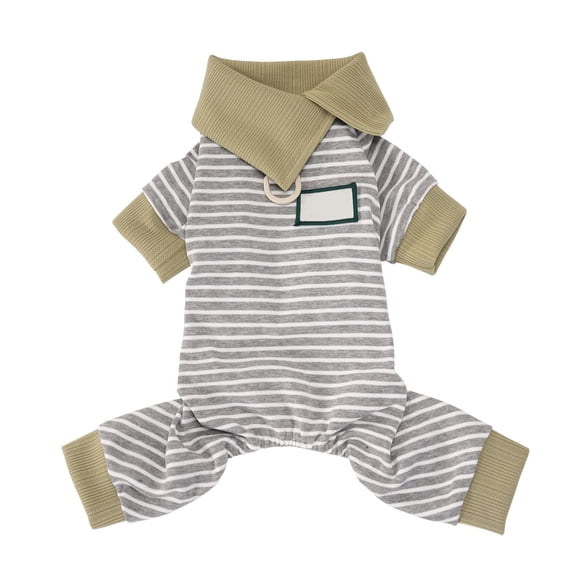 Dog Pajamas Four-Legged Jumpsuit, Breathable Poly-Cotton Striped Pet Clothes for Small Medium Dogs, Spring Summer, Khaki S
