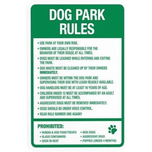 Dog Park Rules With Prohibited Rules Warning,Dog Park Regulation Security Metal Signs for Busines Home Outdoor Indoor Garage Street Wall Caution Decor 8 x 12 Inch