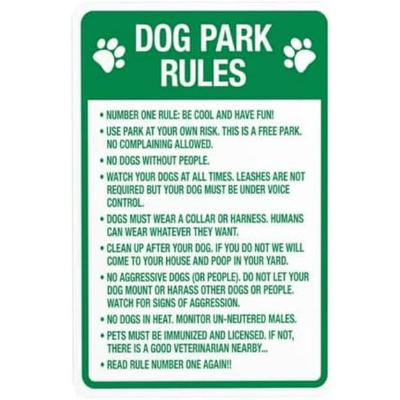 Dog Park Rules Warning Sign, Dog Park Regulation Metal Signs for Business Home Outdoor Indoor Road Yard Garage Street Wall Caution Custom Decor 8 x 12 Inch