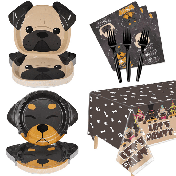 Dog Party Decorations, Dog Shape Plates, 81Pcs Doggy Party Supplies for Dog Kid Birthday, Includes Dog Plates, Let's Pawty Tablecloth, Napkins, Forks, Serves 20 Guests