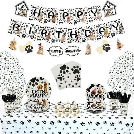Dog Party Supplies - Doggy Themed Tableware Party Pack for Puppy, Dog Lover, Kids Birthday Party Decorations, Including Plates, Cups, Napkins, Tablecloth, Banner Serves 20