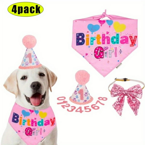 Dog Party Supplies for Girl, Pink Birthday Bandana Hat & Bow Set with Numbers, Canine Celebration Outfit for Medium Large Dogs