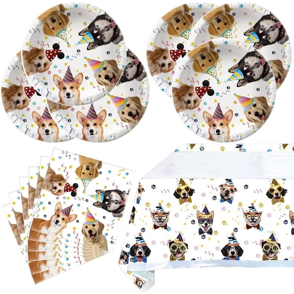 Dog Party Tableware Set,20 Plates and 20 Napkins and Tablecloth71 '' x 42 '',Dog Birthday Theme Party Decorate Supplies