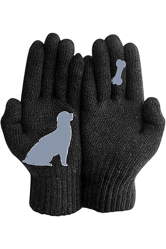 Dog Pattern Winter Gloves, Thermal Knitted Bone Design Full Finger Gloves, Warm Cotton Dog Lover GlovesBlackX