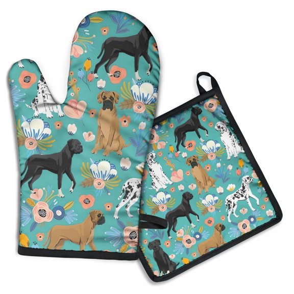 Dog Pattern with Floral Background Kitchen Oven Mitt and Pot Holder Sets 2 Pcs for Baking, Cooking and Grilling, Heat Resistant Up To 392 °F