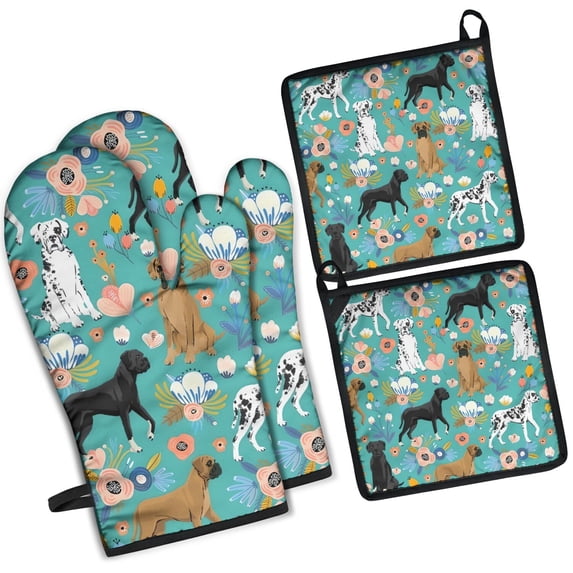 Dog Pattern with Floral Background Kitchen Oven Mitt and Pot Holder Sets 4 Pcs for Baking, Cooking and Grilling, Heat Resistant Up To 392 °F