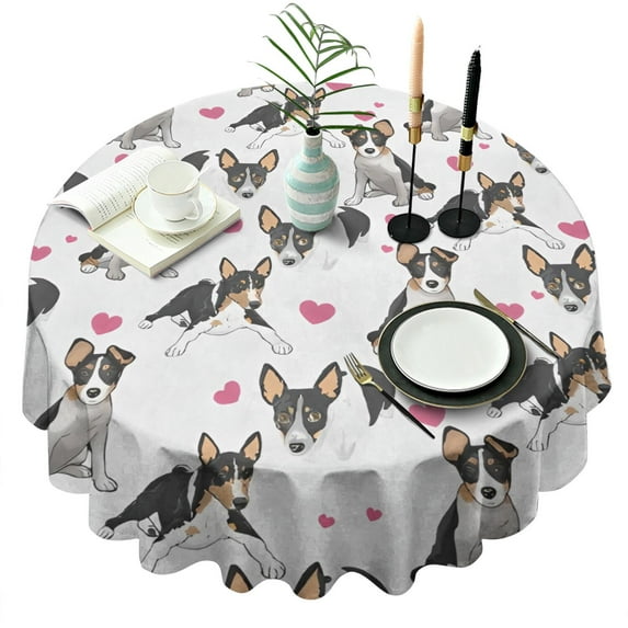 Dog Pattern with Hearts Round Tablecloth 60"x60",Wrinkle Wipeable Table Cloth for Kitchen Dining Room Picnic Patio Party