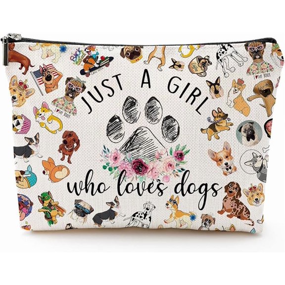 Dog Patterned Travel Cosmetic Bag - Multicolor, Waterproof Linen, Zipper Closure - Perfect for Women's Travel & Daily Use