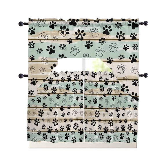 Dog Paw 3 Piece Swag Kitchen Curtains Set Farmhouse Wood Grain Valance and Tier Curtains 24 In Long, 56" x 36" Window Topper for Cafe Bathroom Bedroom