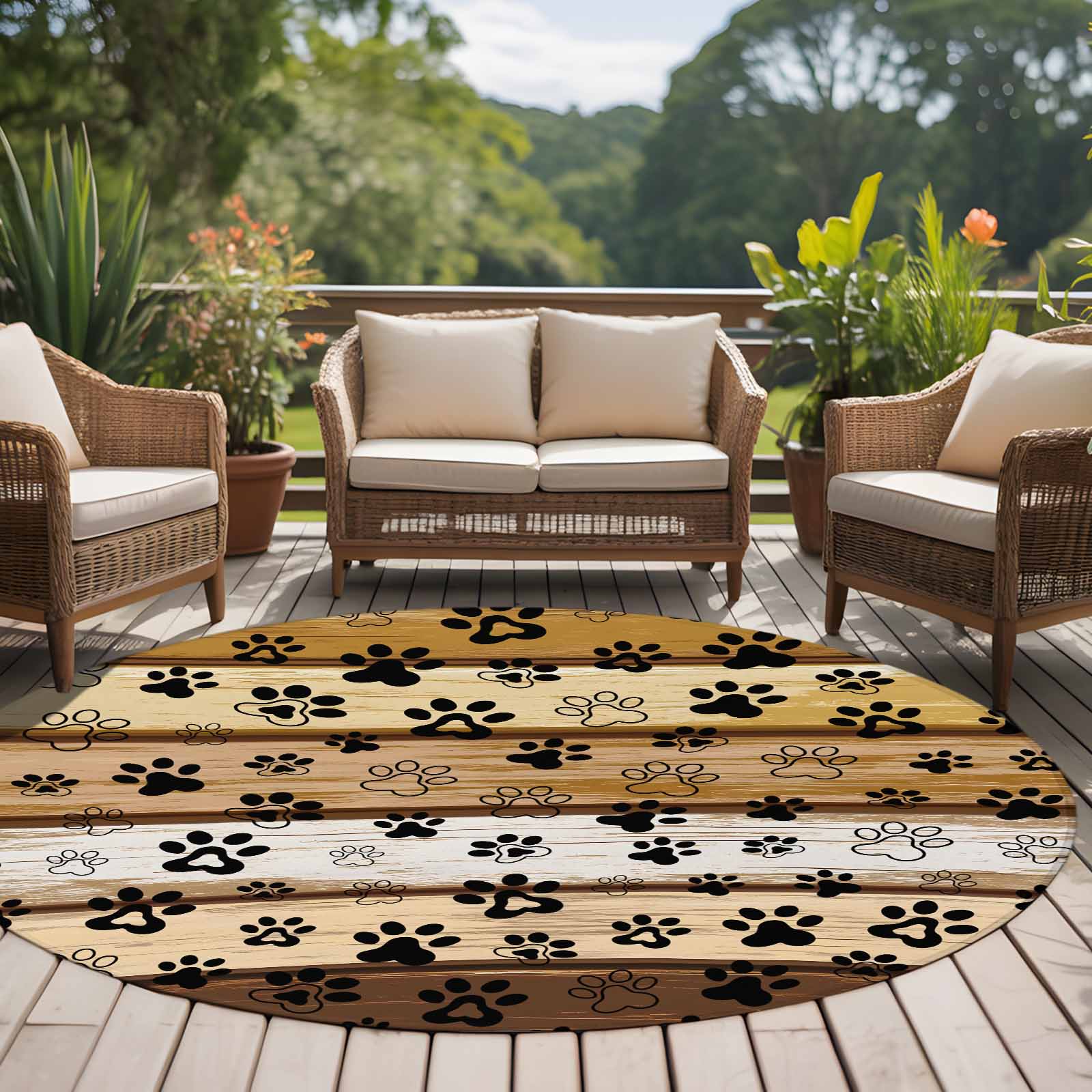Round Pet Rug Dog Paw 6ft Round Rug for Living Room Under Coffee Table, Brown Wood ...