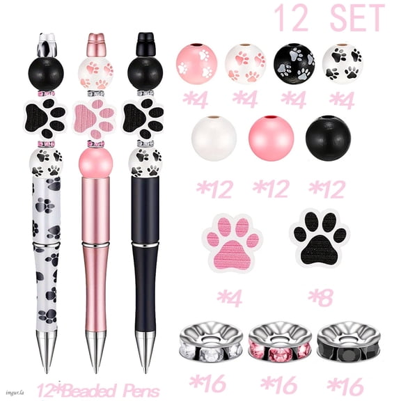 Dog Paw Beaded Pen Set, 12 Creative Ballpoint Pens, Ideal Gift for Office Supplies, Pet Lovers, and Floral Enthusiasts