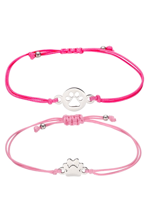 Dog Paw Bracelets for Women Memorial Bracelet for Pet Loss Handmade Adjustable String Rose Red/Pink 2 Pack