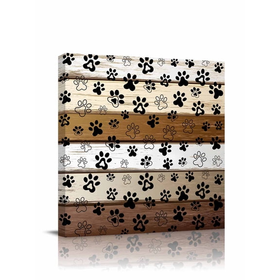 Dog Paw Canvas Wall Art, Farmhouse Wood Grain Vintage Brown Board Framed Wall Decor Modern Artwork Prints Painting for Living Room, Bedroom, Kitchen & Cafe Decor 28x28 Inch