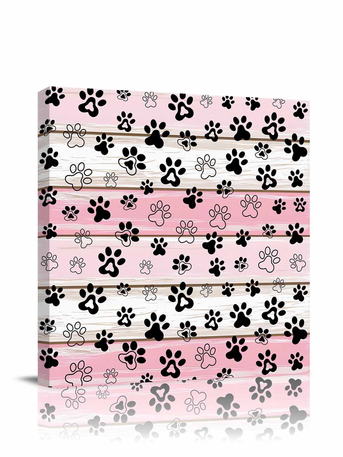Dog Paw Canvas Wall Art, Pink Wood Grain Farmhouse Vintage Board Framed Wall Decor Modern Artwork Prints Painting for Living Room, Bedroom, Kitchen & Cafe Decor 16x16 Inch