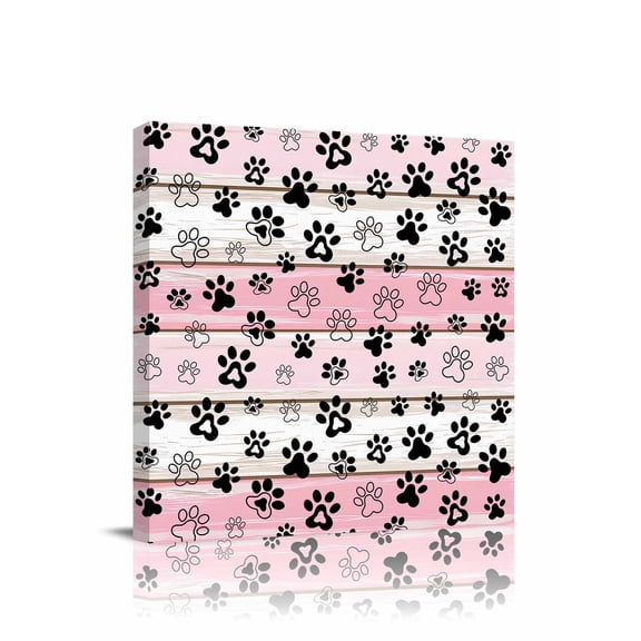 Dog Paw Canvas Wall Art, Pink Wood Grain Farmhouse Vintage Board Framed Wall Decor Modern Artwork Prints Painting for Living Room, Bedroom, Kitchen & Cafe Decor 16x16 Inch