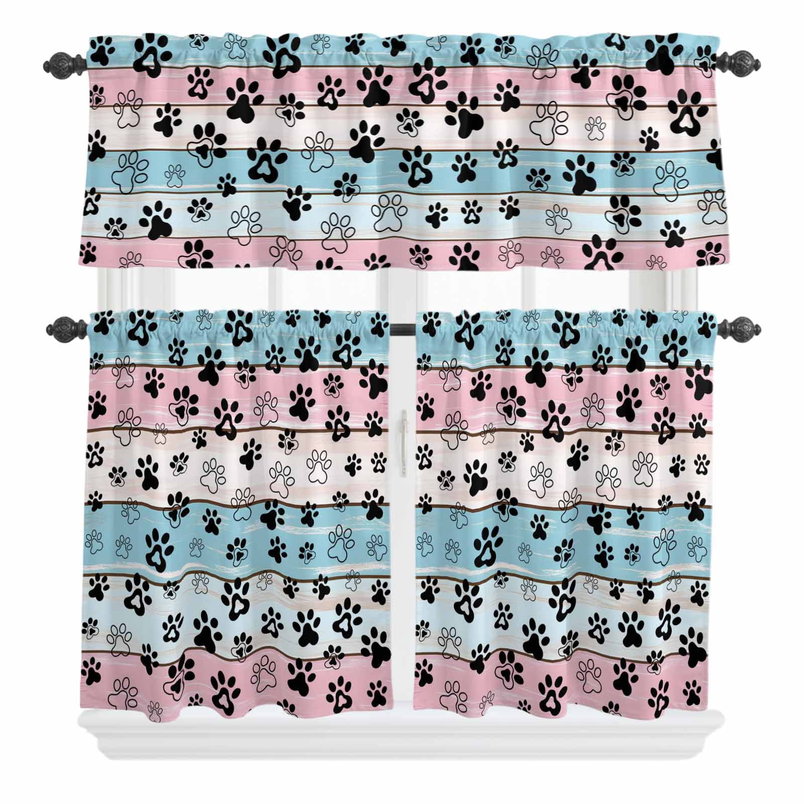 Dog Paw Cat Paw Curtain Valances Set Pink Blue Wood Grain Vintage ...