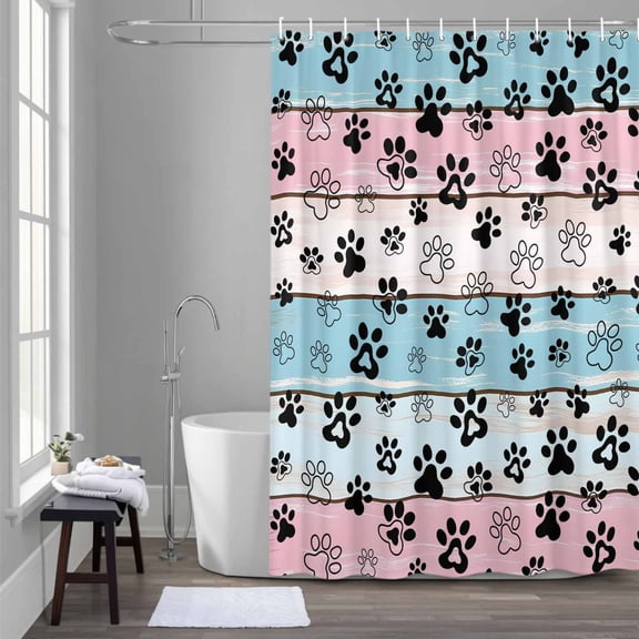 Dog Paw Cat Paw Shower Curtain for Bathroom Decor, Pink Blue Wood Grain Waterproof Fabric Shower Curtain, 72"x72" Set with 12 Hooks