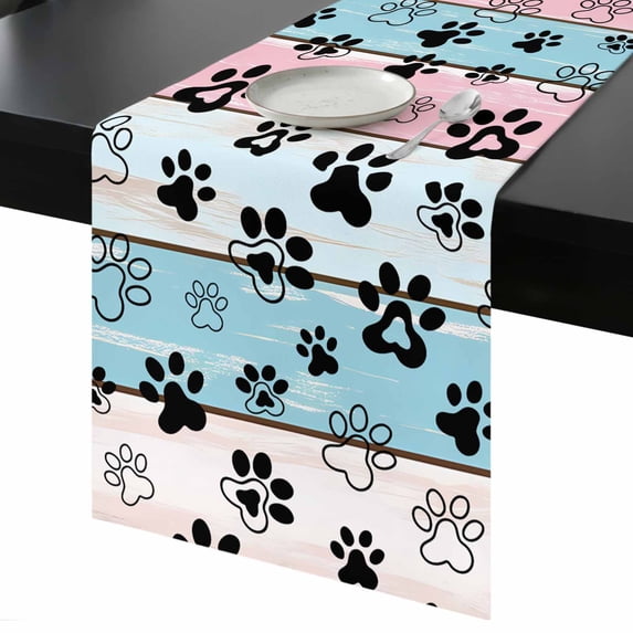 Dog Paw Cat Paw Table Runner 13x72 Inch Pink Blue Wood Grain Vintage Table Runner Non-Slip Dresser Scarves for Holiday Decorations, Party, Dinner and Gatherings, 1 Pack