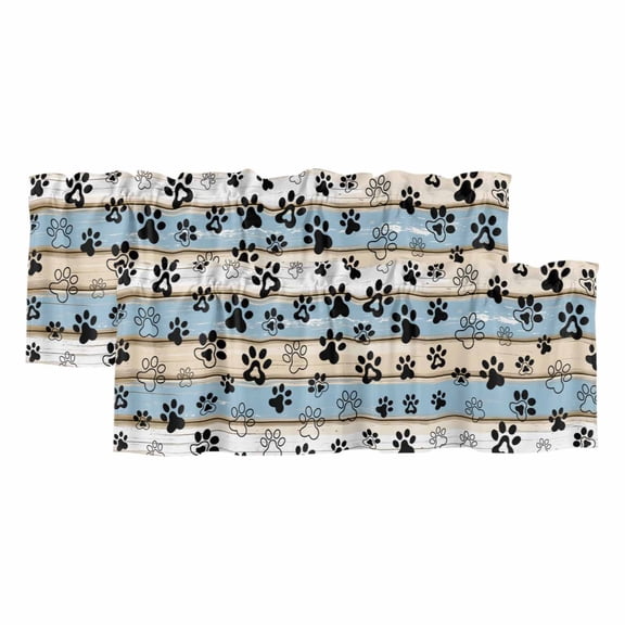 Dog Paw Cat Paw Window Valance, Brown Blue Wood Grain 2 Pack Decorative Curtain for Small Windows, Light Filtering Valance with 3” Rod Pocket, 42"W x 12"L