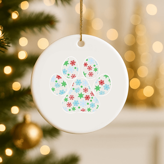 Dog Paw Christmas Pattern Cute Puppy Pet Lover Christmas 2D FLAT CIRCLE Ceramic Ornament