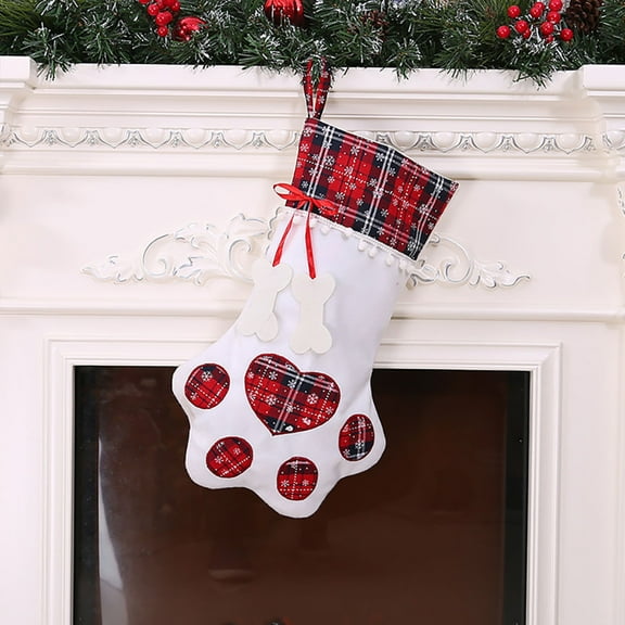 Dog Paw Christmas Stocking - 19.88 Inch Red Cloth Holiday Sock for Fireplace Mantel Decor, Large Gift Bag for Candy Toys, Rustic Home Christmas Decorations Red