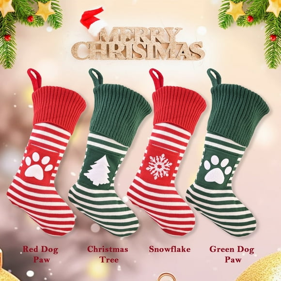 Dog Paw Christmas Stockings, Guardwee 18in Knitted Christmas Stockings Contained Snowflake/Tree Pattern Hanging for Fireplace, Christmas Stokings for Dog