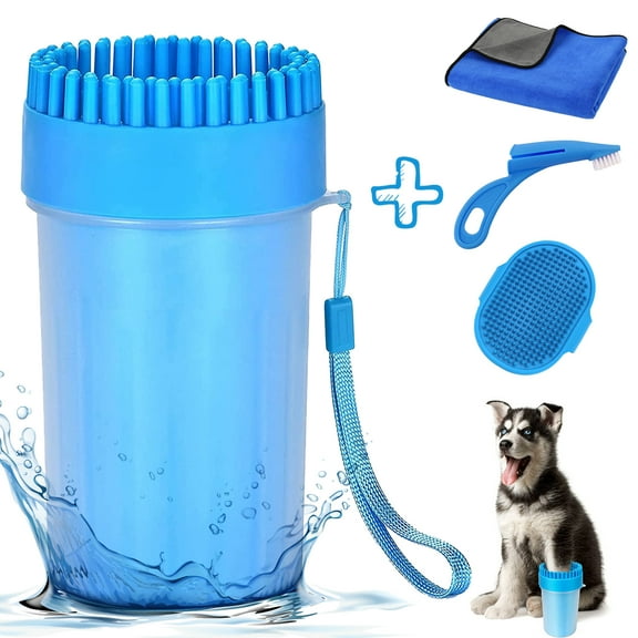 Dog Paw Cleaner Set, Silicone Dog Paw Washer Cup 2 in 1, Portable Grooming Cat Paw Scrubber with Shower Brush, Towel, Finger Set Toothbrush, Pet Gifts for Medium Large Dogs