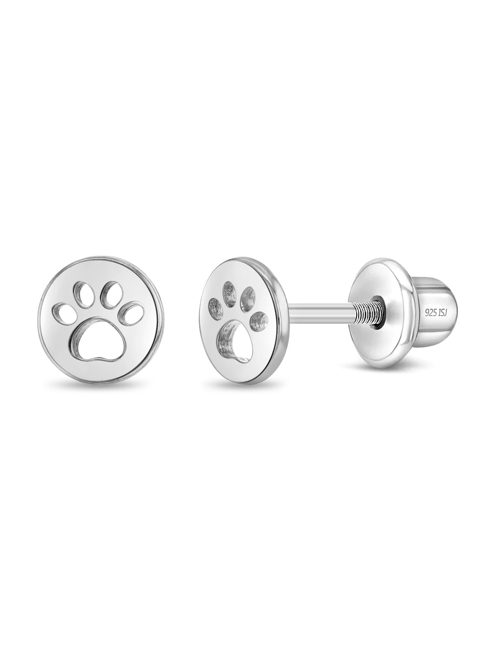 Dog Paw Coin Kids / Children's / Girls Earrings Screw Back - Sterling Silver
