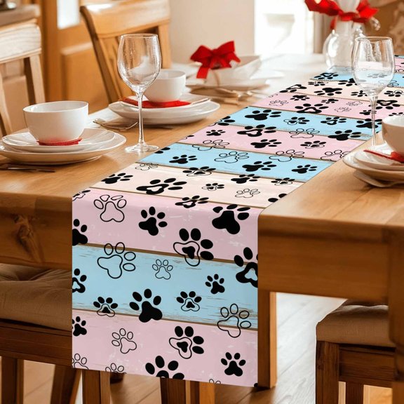 Dog Paw on Colorful Wooden Texture Table Runner 36 Inches Long,Kitchen Dining Tablerunners Vintage Farmhouse Linen Table Runners Dresser Scarves for Home Dinner Wedding Holiday Party Decor