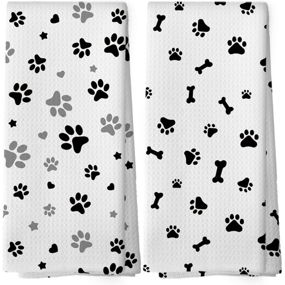Dog Paw Dish Towels - Cute Dog Kitchen Towels, Absorbent Dishcloths Hand Towels Set of 2 for Kitchen Decor 18x26 Inches