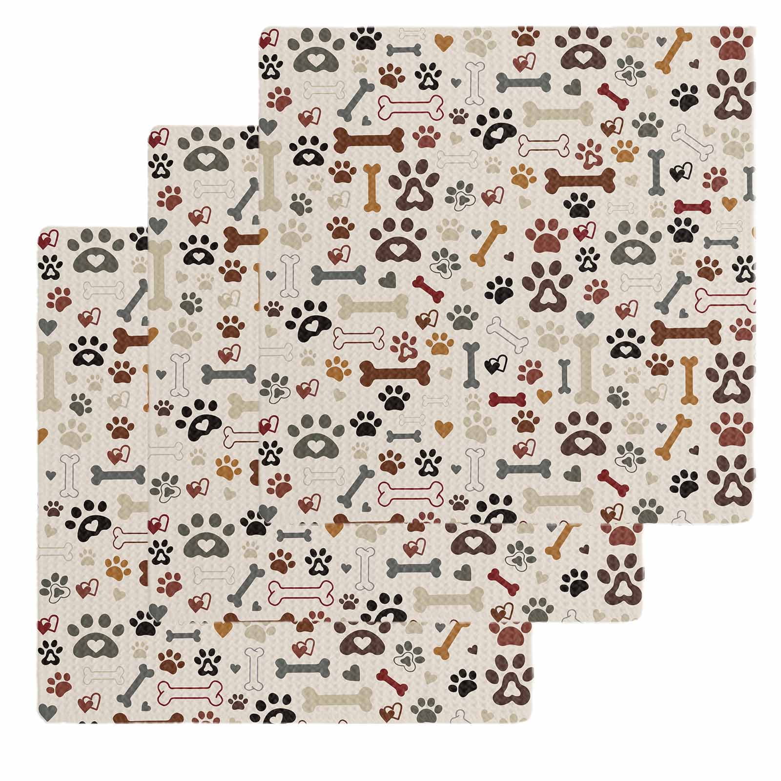 Dog Paw Dish Towels Set, Waffle Weave Kitchen Towels 3 Pieces, Vintage Farmhouse Dog Bones Love Heart Microfiber Hair Face Bath Tea Towel Absorbent Quick Drying Cleaning Dish Cloths 12"x12"