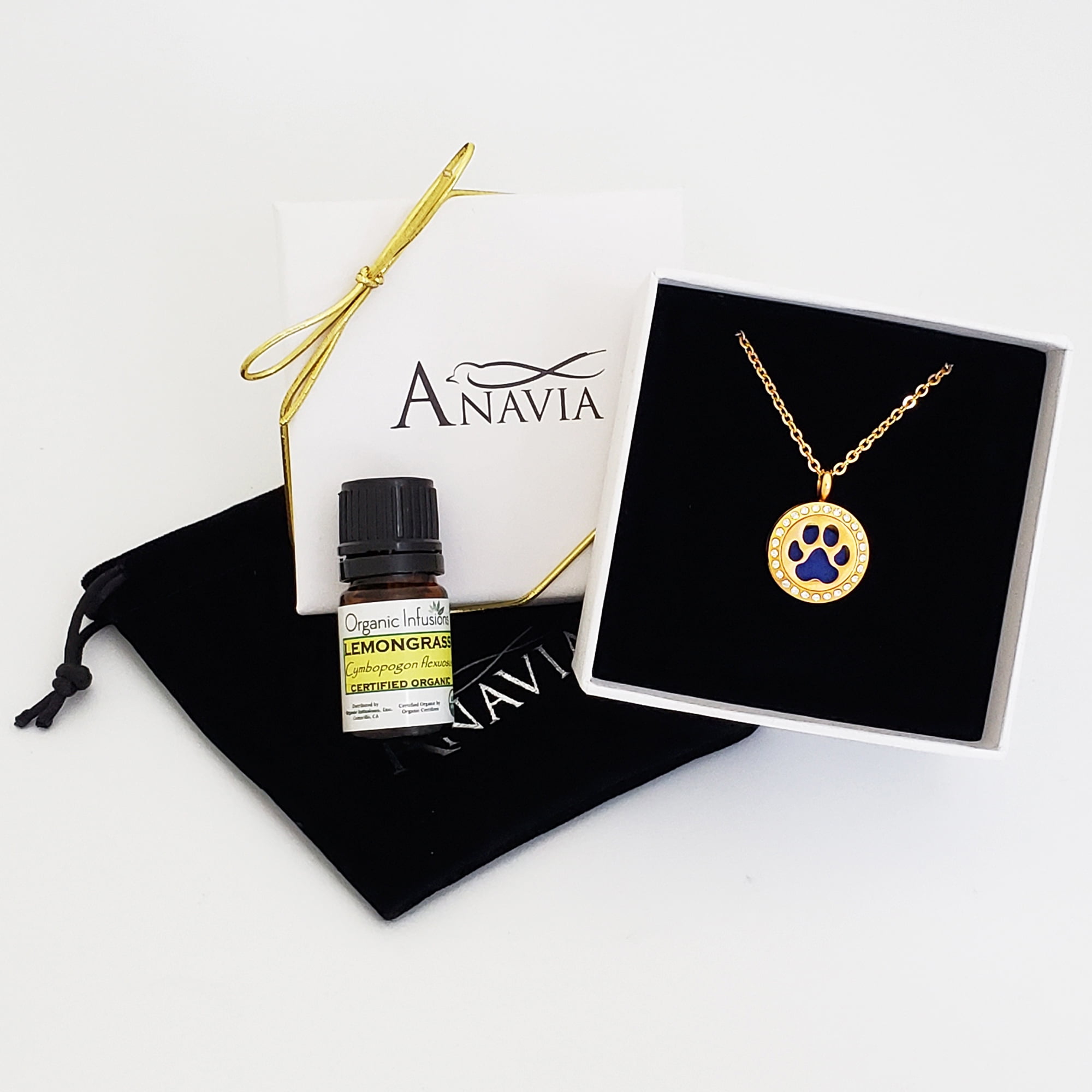 Dog Paw Essential Oil Diffuser Crystal Rhinestone Necklace & Organic Essential Oil Aromatherapy Christmas Jewelry Gift Set - Gold Necklace & Lemongrass Oil