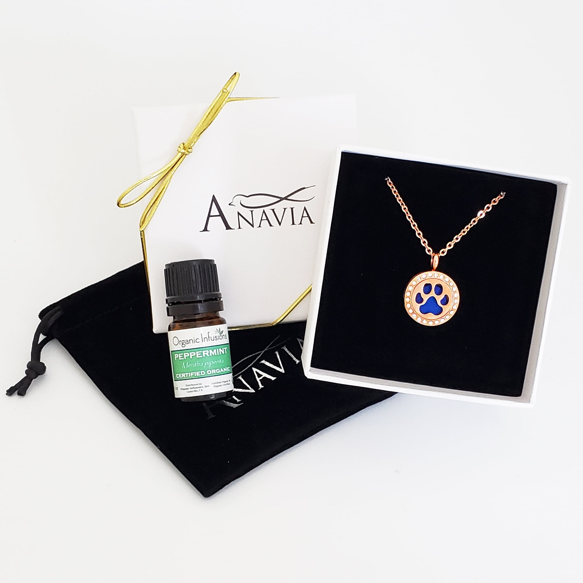 Dog Paw Essential Oil Diffuser Crystal Rhinestone Necklace & Organic Essential Oil Aromatherapy Christmas Jewelry Gift Set - Rose GOld Necklace & Peppermint Oil