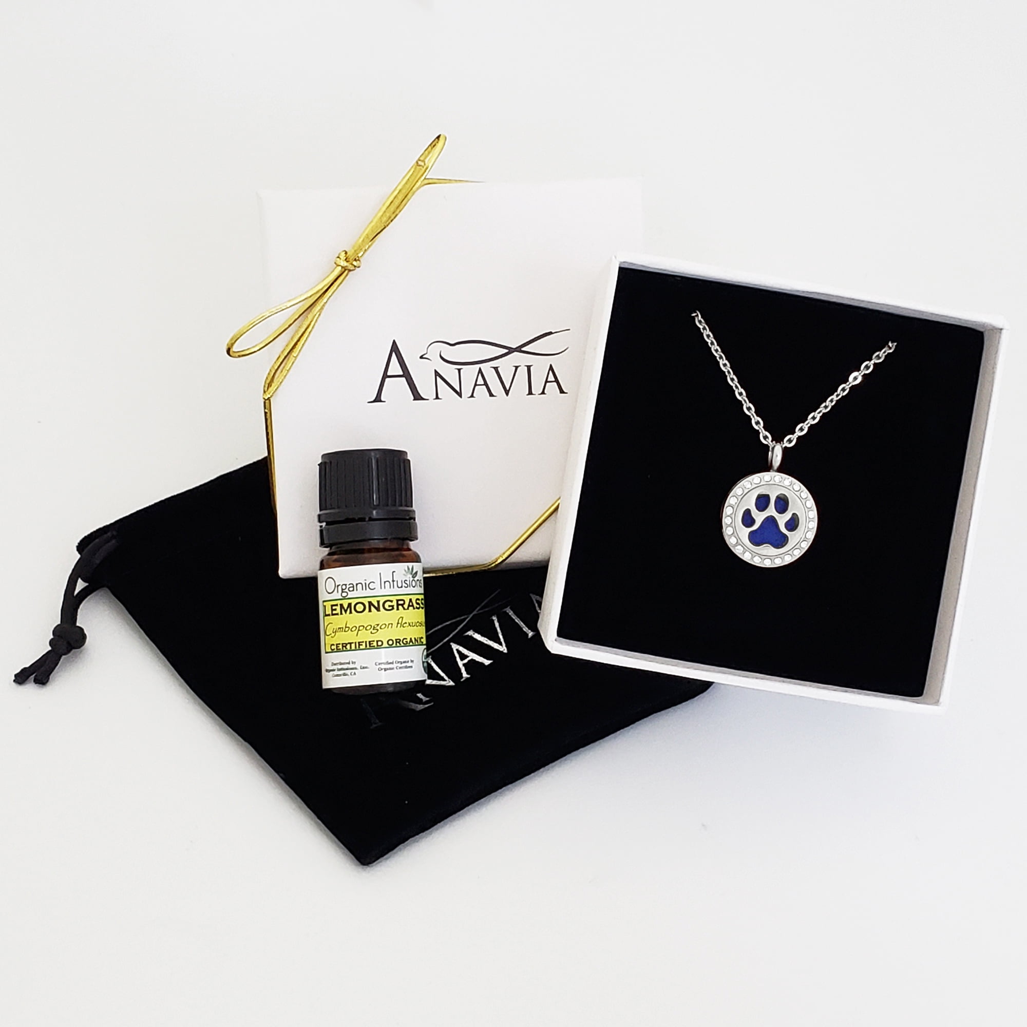 Dog Paw Essential Oil Diffuser Crystal Rhinestone Necklace & Organic Essential Oil Aromatherapy Christmas Jewelry Gift Set - Silver Necklace & Lemongrass Oil