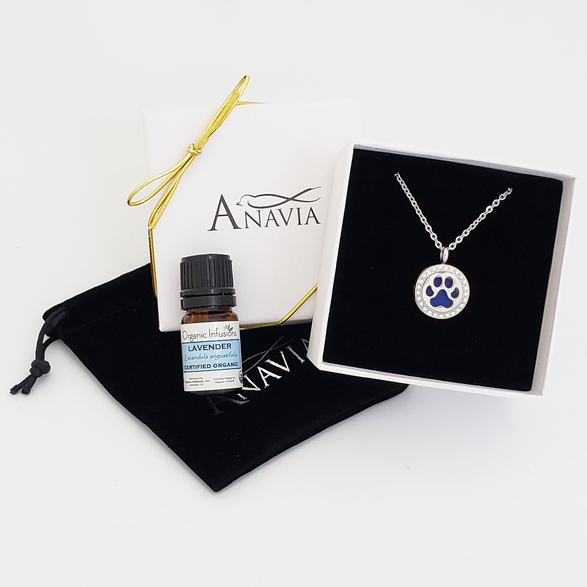 Dog Paw Essential Oil Diffuser Crystal Rhinestone Necklace & Organic Essential Oil Aromatherapy Mother's Day Jewelry Gift Set - Silver Necklace & Lavender Oil