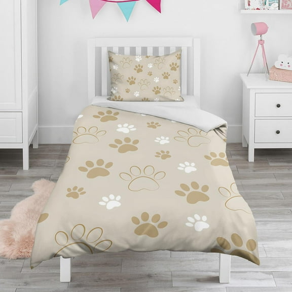 Dog Paw Footprint Duvet Cover and Pillowcase Set for Single Bedding, Bedroom Accessories for Kids Teens