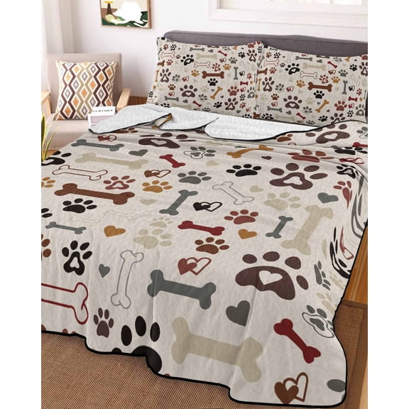 Dog Paw Full Size Down Alternative Comforter, Lightweight Comforter Quilt Bedding Set with Pillow Shams Vintage Farmhouse Dog Bones Love Heart All Seasons Bed Comforter Duvet Insert 78"x90"