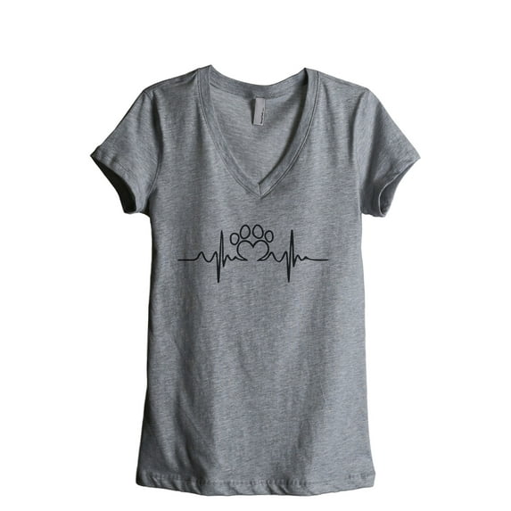 Dog Paw Heart Beat Women's Fashion Relaxed V-Neck T-Shirt Tee Heather Grey Large