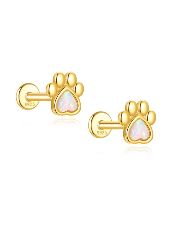 Dog Paw Heart Flat Back Opal Earrings for Cartilage Upper Lobe16g Sterling Silver Studs Pair by Ginger Lyne