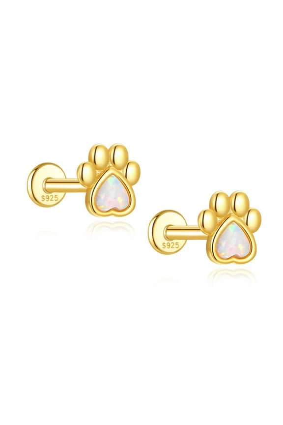 Dog Paw Heart Flat Back Opal Earrings for Cartilage Upper Lobe16g Sterling Silver Studs Pair by Ginger Lyne